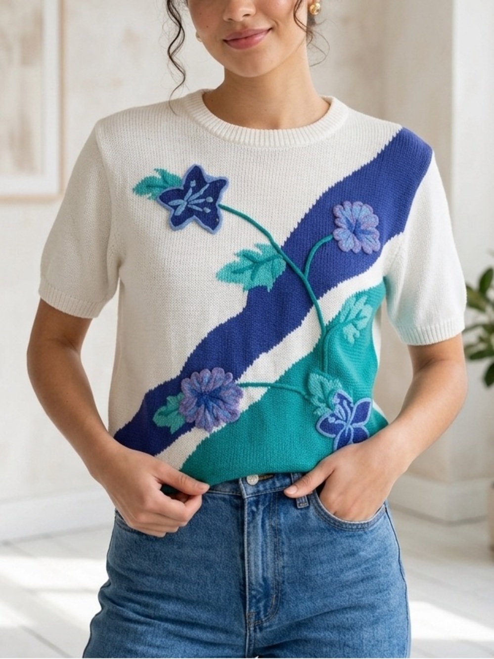 Vintage 80s/90s Alfred Dunner Floral Colorblock Knit Short Sleeve Sweater Size S